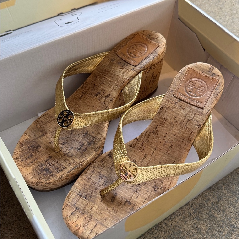 Tory Burch Metallic Gold Cork Wedge Sandals